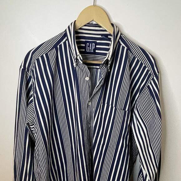VTG 90s GAP Button Up Shirt Blue Vertical Stripe Classic Men Sz Med - Picture 7 of 13